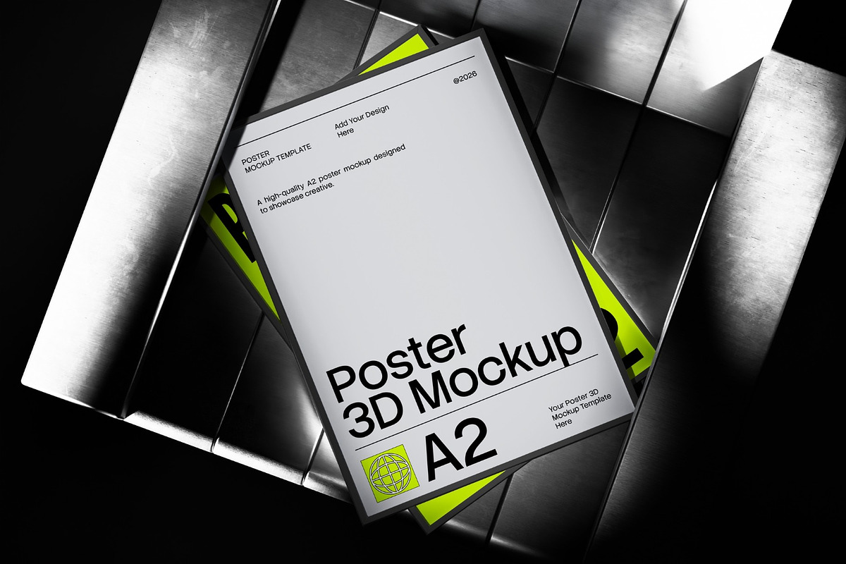 A2 Poster On Metal Chair 3D Mockup, an Advertising Mockup by graphicook (Photo 3 of 4)