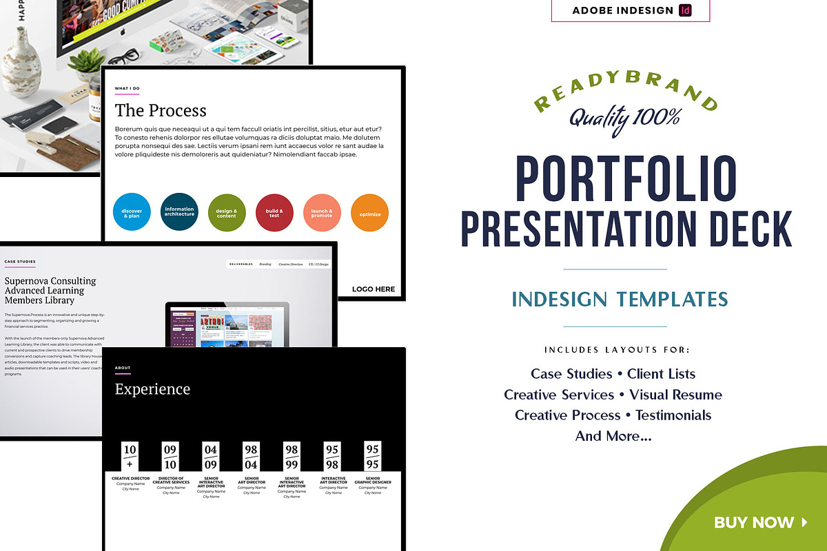 Design Portfolio Presentation INDD, a Presentation Template by Happy Monday Creative (Photo 1 of 2)