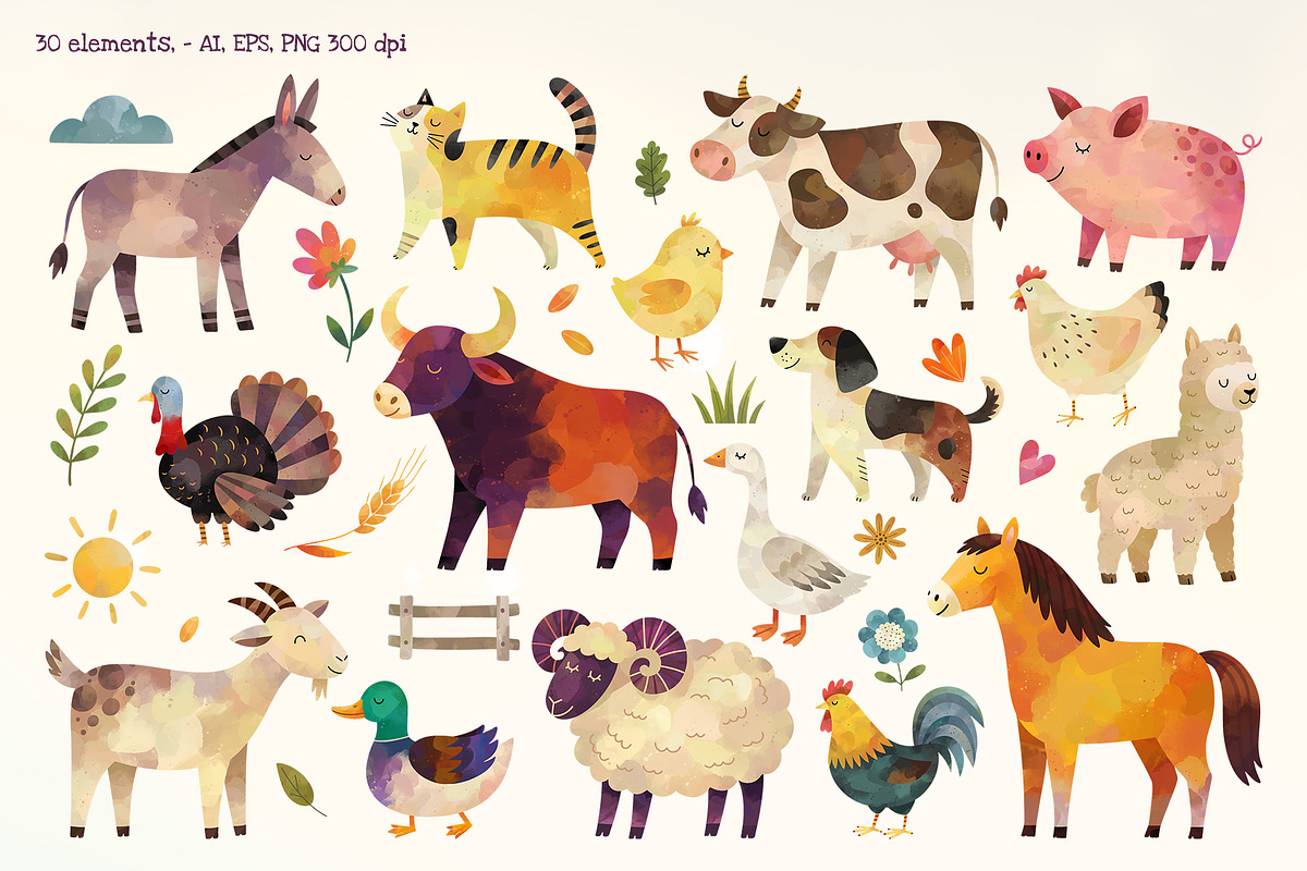 Farm Animals Watercolor Collection, an Animal Illustration by Hanna's ArtLab (Photo 2 of 4)