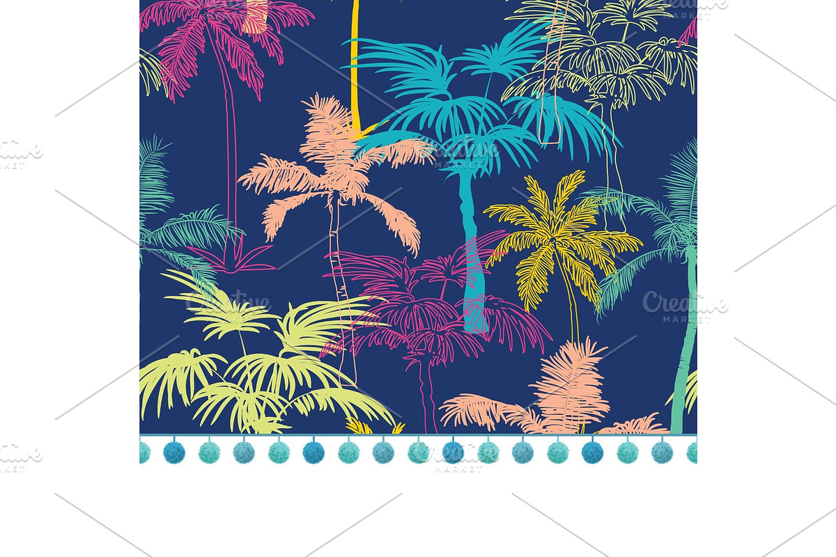 Vector Pompom Border Trim On Dark Blue Colorful Geometric Palm Trees Repeat Seamless Pattern Background. Can Be Used For Fabric, Wallpaper, Stationery, Packaging., a Decorative Illustration by Oksancia's Surface Design