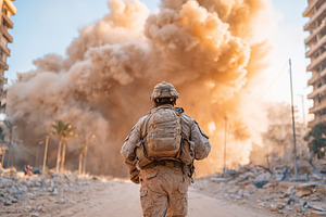 War-torn city engulfed in smoke with soldier amidst devastation and destruction, a Photo by AlyaAnd