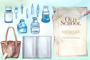 Watercolor Old School Clipart Set