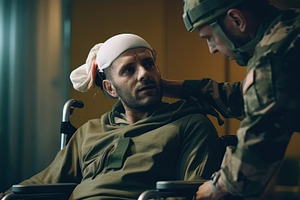 Caring Soldier Consoling Wounded Comrade in Wheelchair, Showing Compassion and, a Photo by AS photostudio