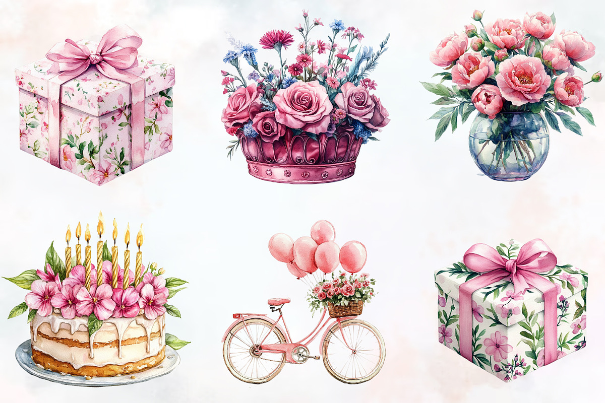 Pink Floral Birthday Watercolor Png, an Illustration by RobertsArt (Photo 7 of 7)