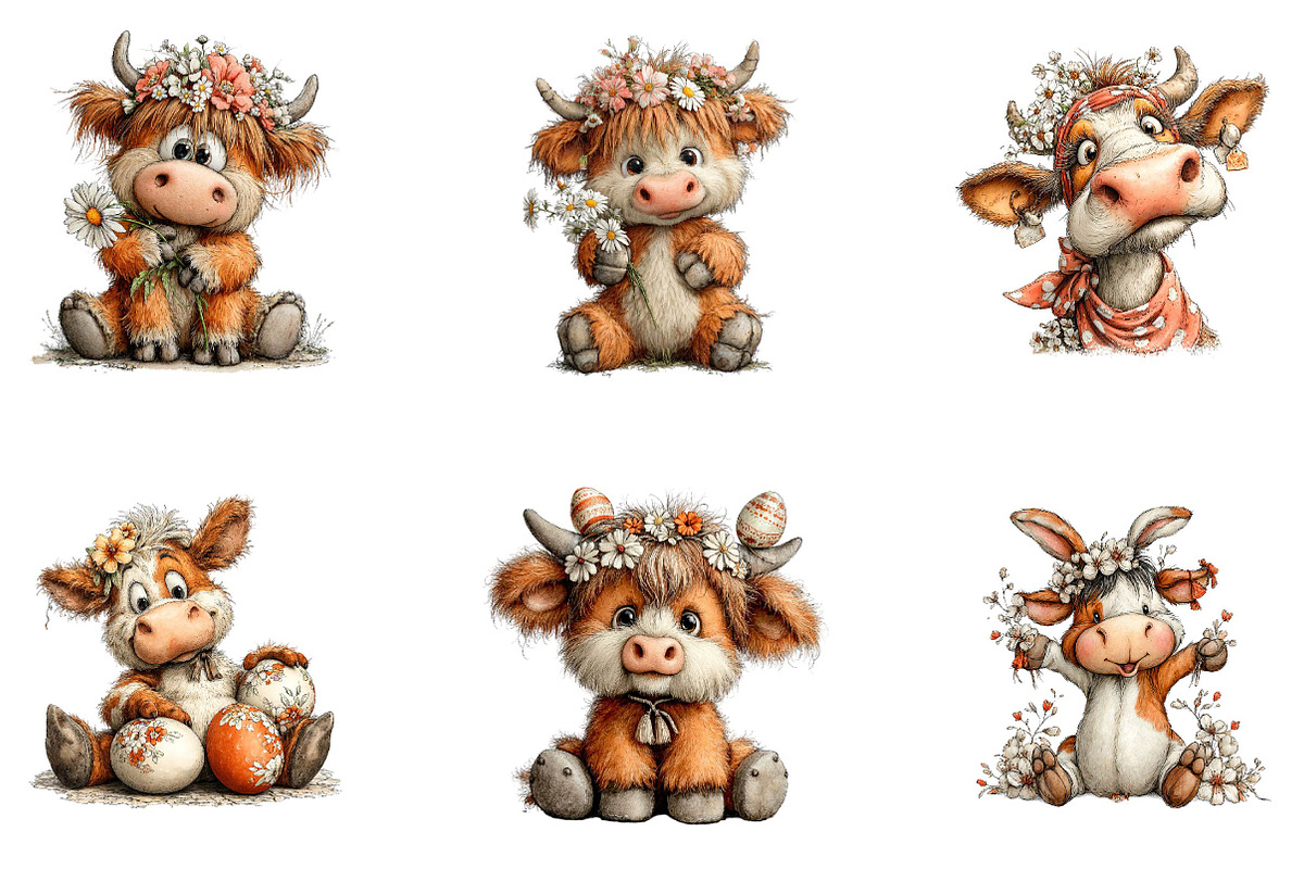 Whimsical Easter Highland Cow Clipar, an Illustration by CreationArt (Photo 2 of 7)