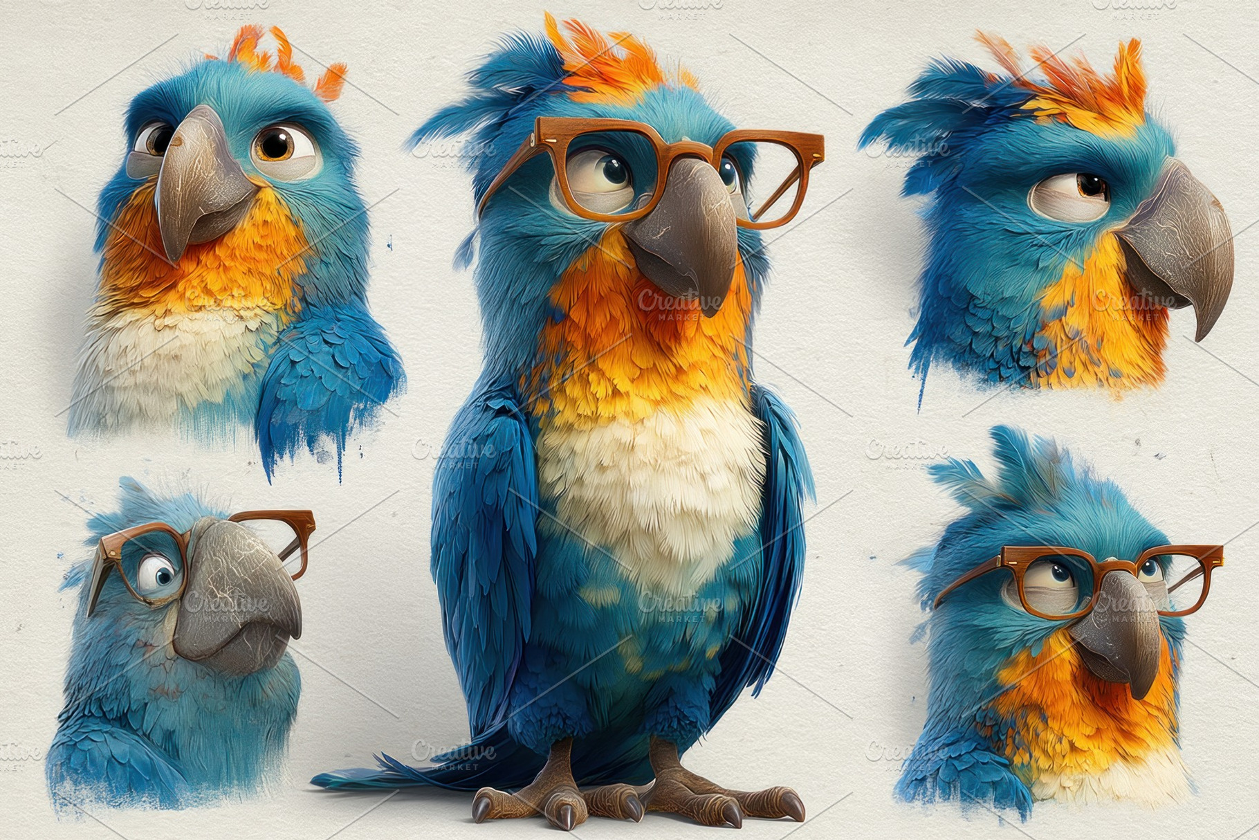 Colorful blue parrot character with glasses expressions cartoon, an Animal Photo by José Manuel Gelpi