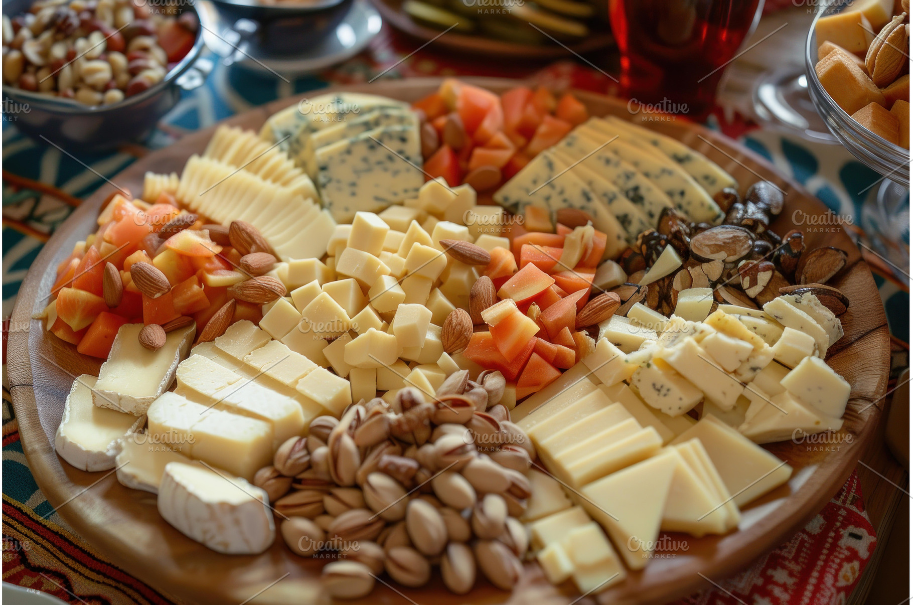 Gourmet cheese platter with nuts and, a Food & Drink Photo by Ylivdesign