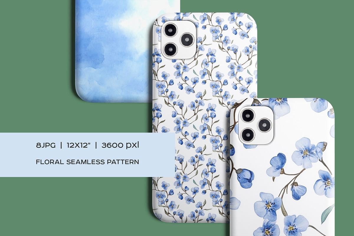 Watercolor blue flowers pattern set, a Pattern Graphic by Art and Funny (Photo 11 of 11)