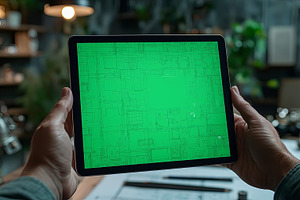 Man holding tablet computer displaying green mockup interface in modern office, a Photo by AS photostudio