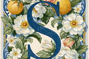 Decorative letter S surrounded by white roses, pink buds, green, a Photo by Studio ANNA
