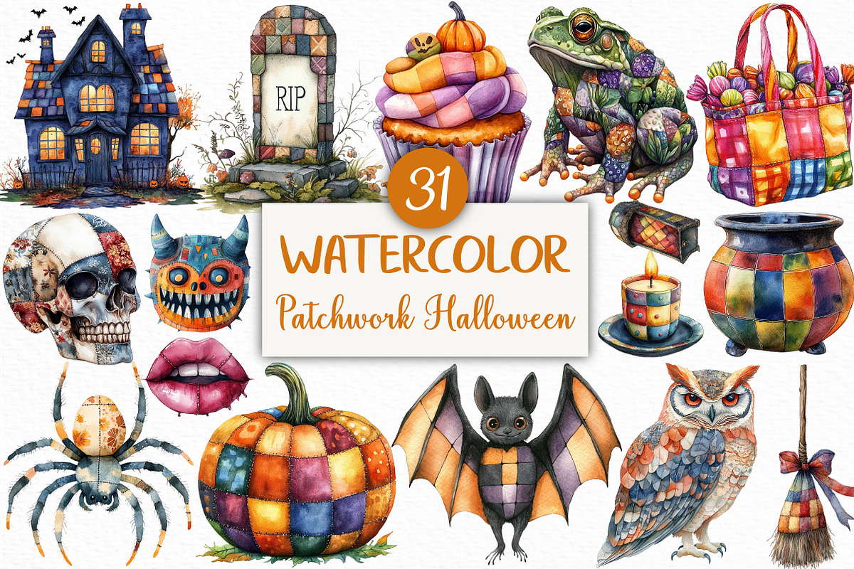 Watercolor Patchwork Halloween PNG, an Illustration by Craft Nest (Photo 1 of 6)