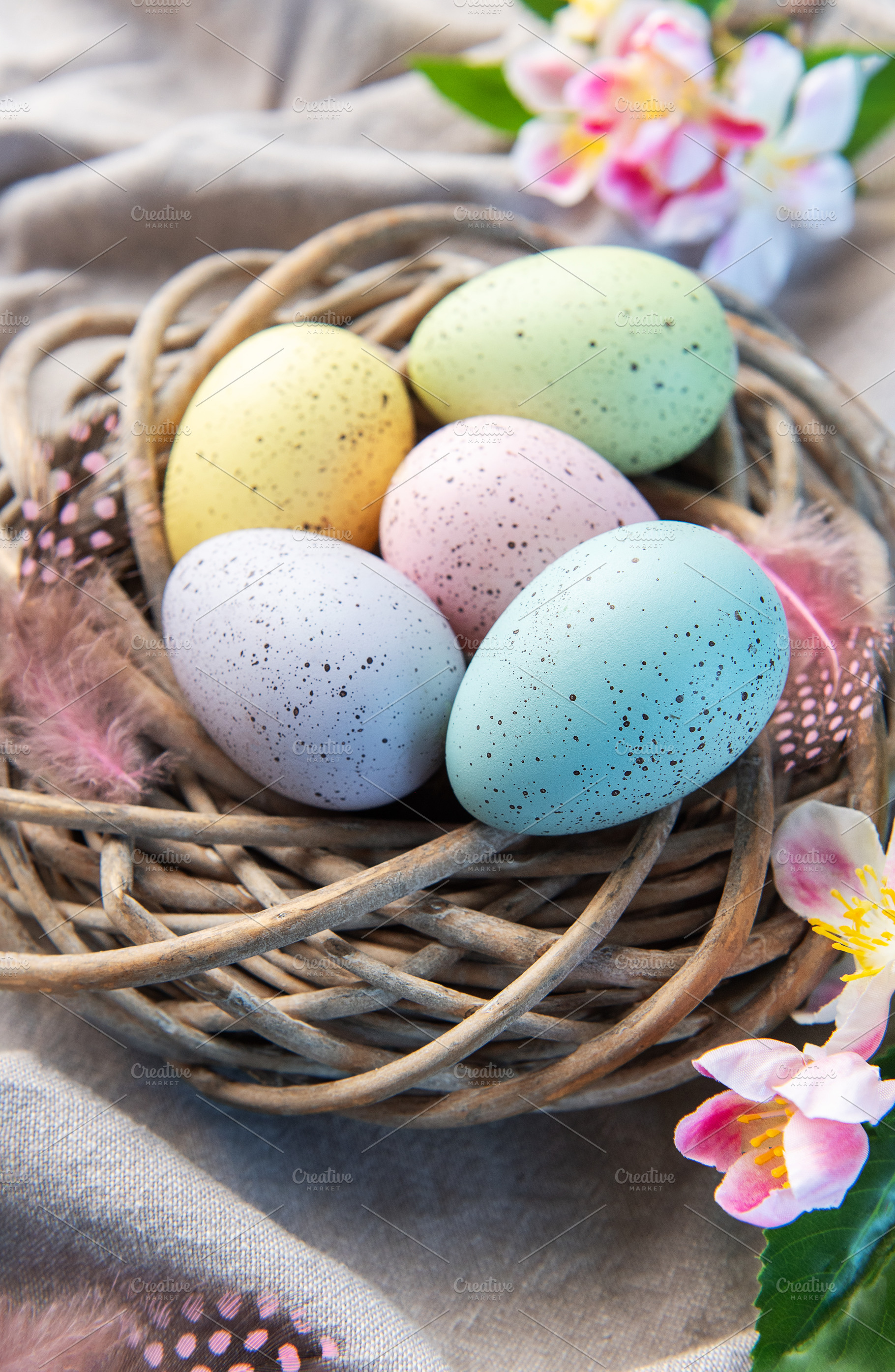 Pastel easter eggs in nest with spring flowers, a Holiday Photo by Olena Rudo
