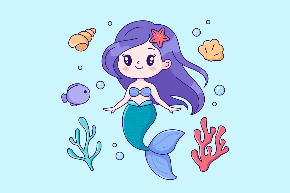 Kawaii mermaid girl with a fish, an Illustration by Cmeree