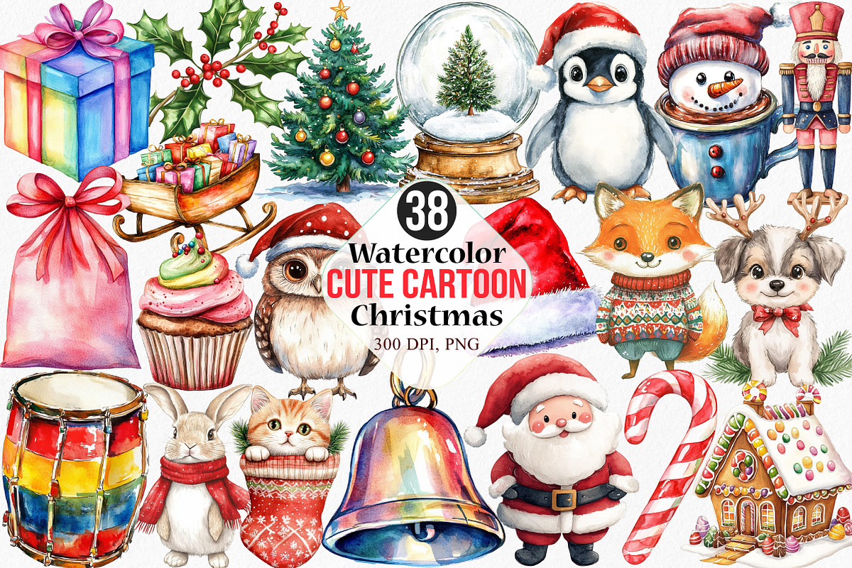 Cute Cartoon Christmas Clipart, an Illustration by Canvas Craft (Photo 1 of 7)