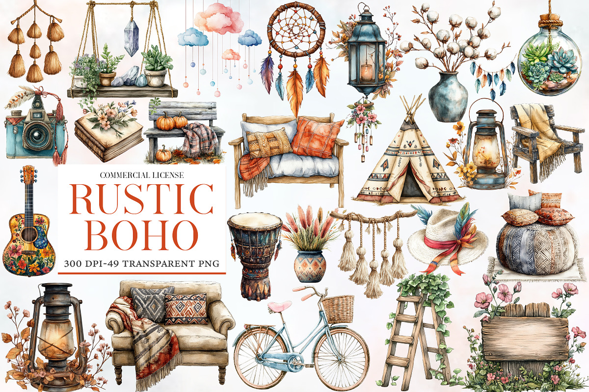 Watercolor Rustic Boho Clipart, an Illustration by Designworld (Photo 1 of 6)