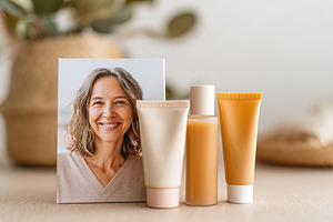 Natural skincare products arranged with a cheerful woman's portrait in a serene, a Photo by AlyaAnd