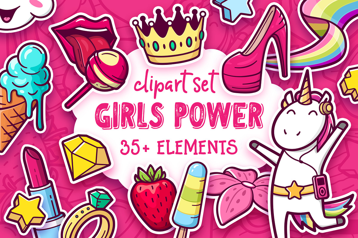 Girls Power. Clipart and pattern set, a Decorative Illustration by yurlick (Photo 1 of 8)