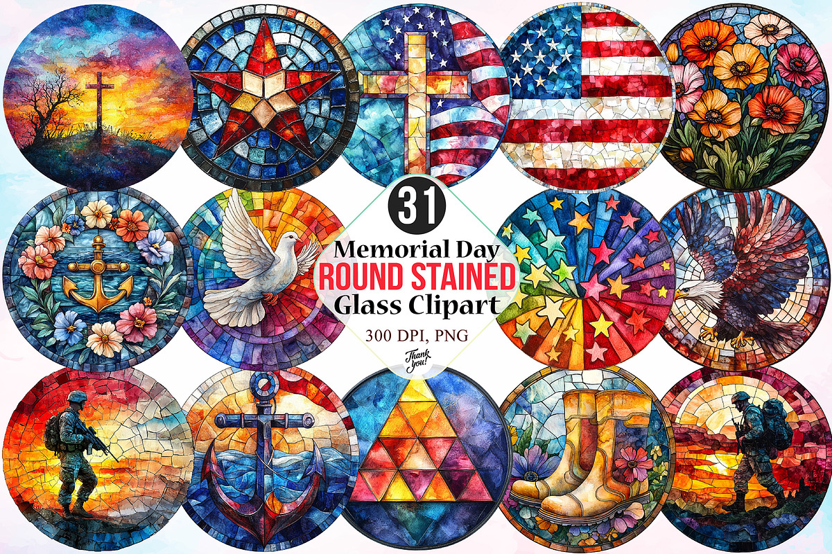 Memorial Day Round Stained Glass PNG, a Seasonal Illustration by Canvas Craft (Photo 1 of 3)