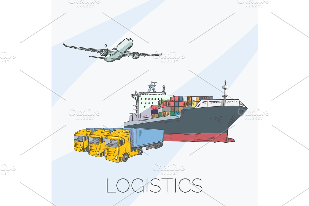 Logistics sign with plane, truck, container and ship, a Transportation Illustration by Funky corner