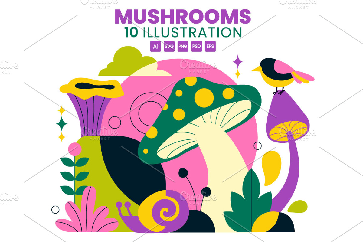 10 Mushrooms Vector Illustration, a Food Illustration by denayunebgt (Photo 1 of 4)