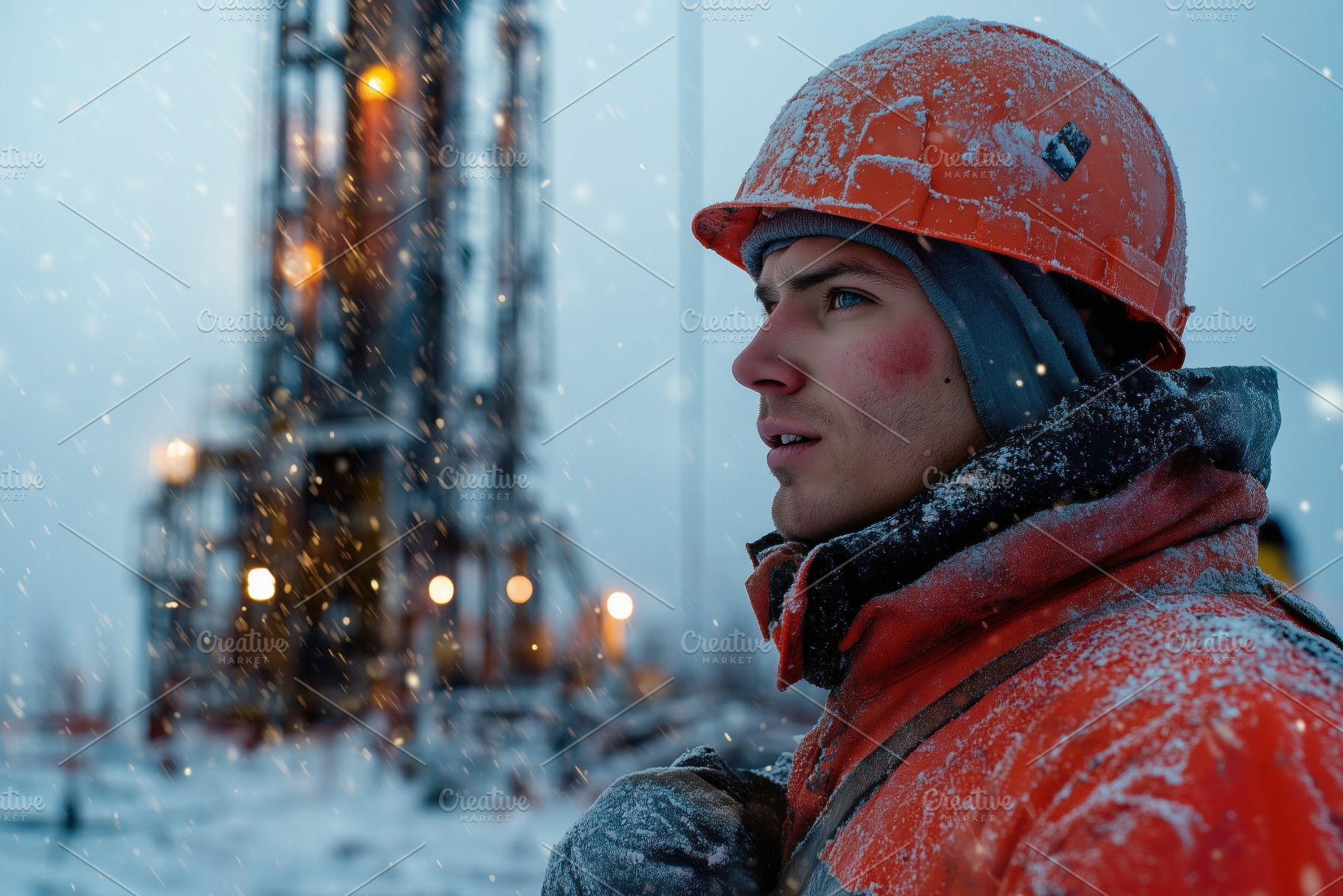 A well testing operator young worker in an orange helmet and winter gear stands, a Person Photo by Textures & Backgrounds
