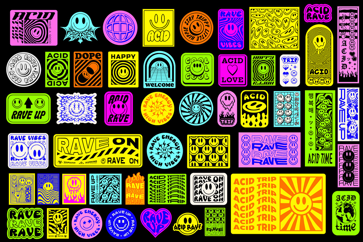 ACID RAVE STICKERS VECTOR SET, an Object Graphic by craftlove (Photo 3 of 3)