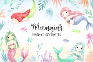 Watercolor Mermaids. Kids Cliparts