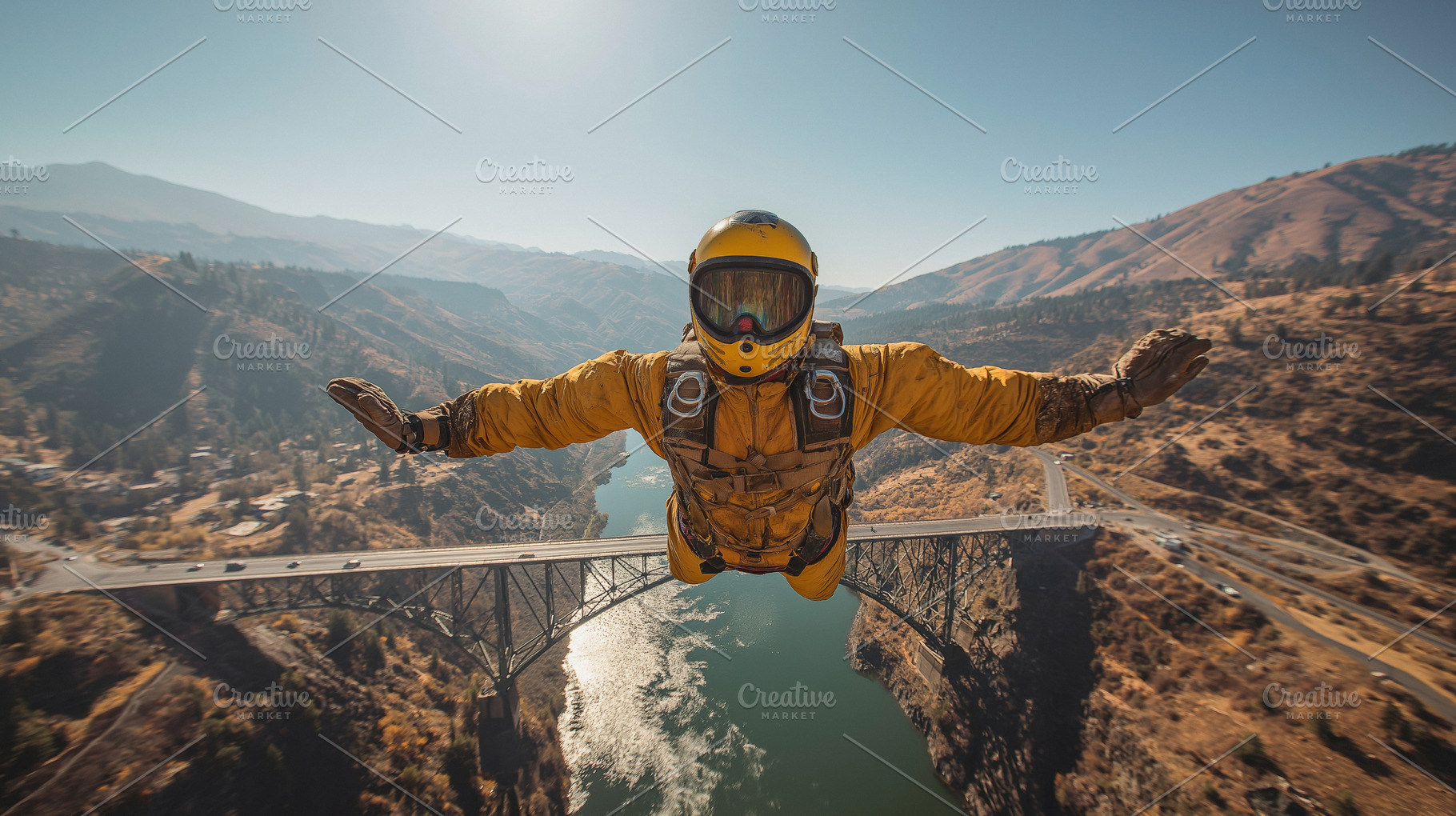 Skydiver in Vibrant Gear Soaring Over Scenic Mountain Bridge, a Sports & Recreation Photo by Ocean Digital Art