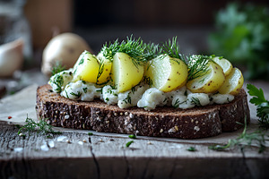 Rye bread with mashed potato and fre, a Food & Drink Photo by Photostock