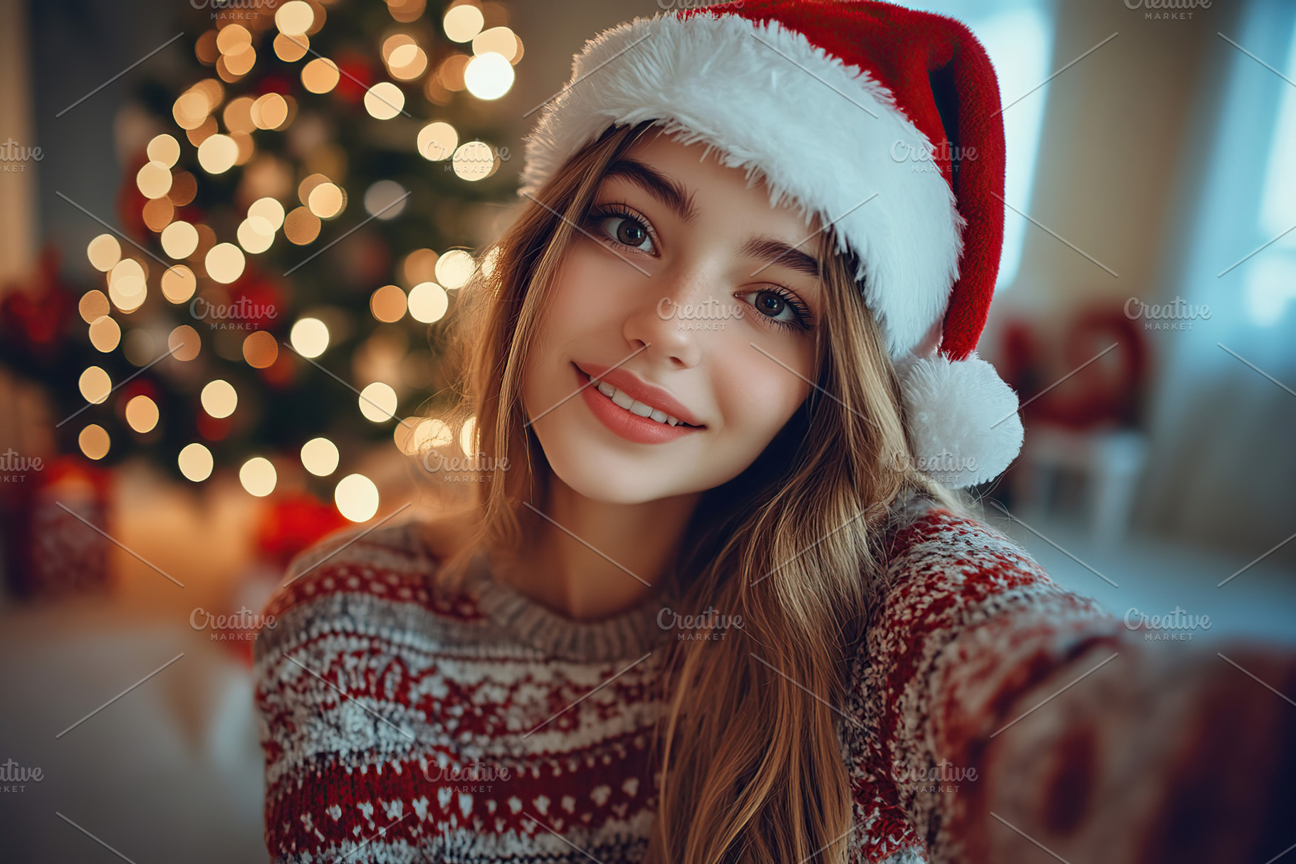 Positive young girl dressed in knitted sweater and santa hat doi, a Photo by AlyaAnd