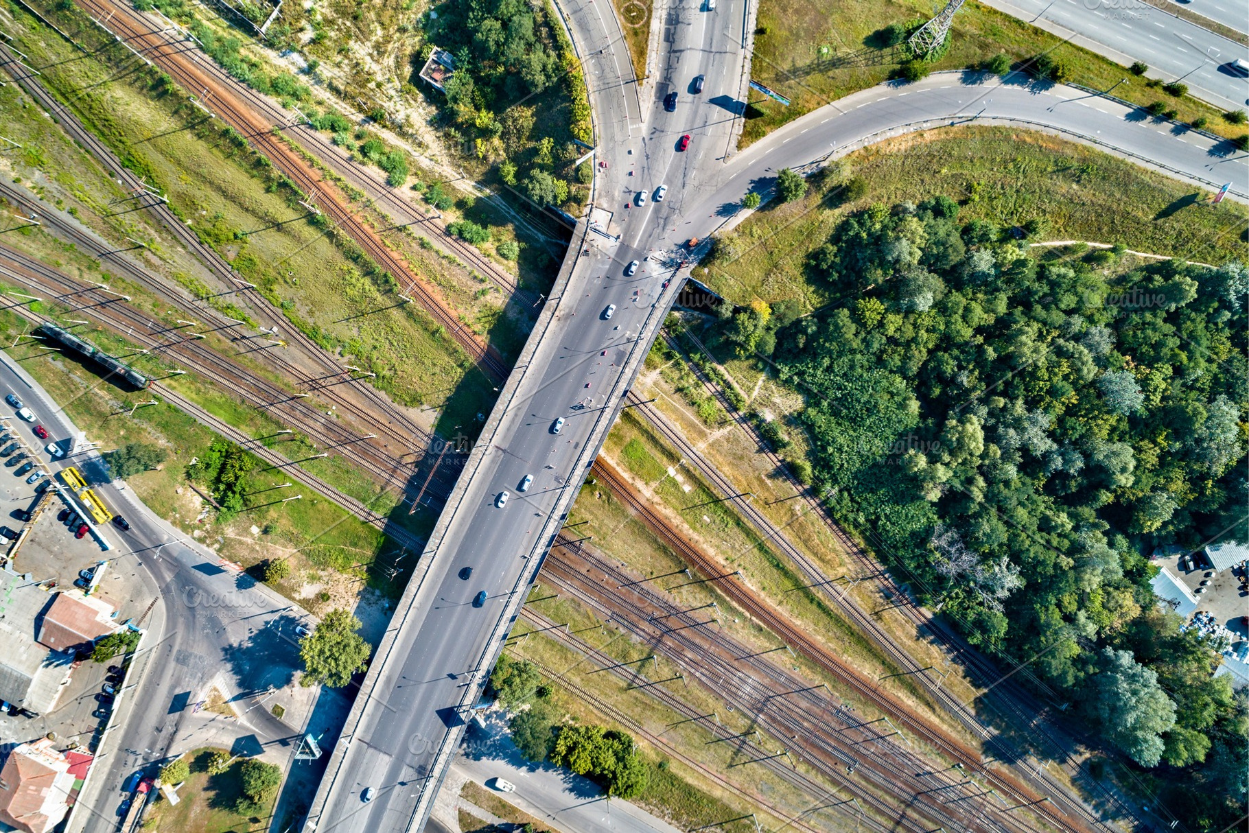 Topdown view of a road bridge containing aerial, bridge, and city, a Transportation Photo by Leonid Andronov