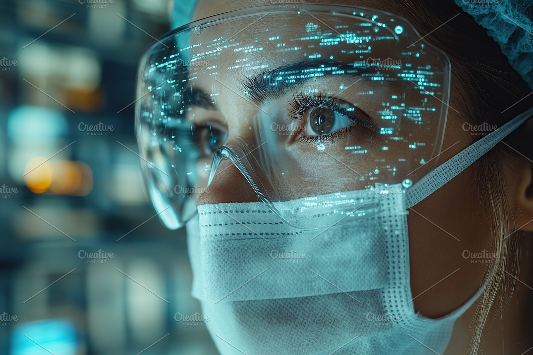 Female doctor wearing medicine mask and protective eyeglasses, a Health & Medical Photo by AlyaAnd