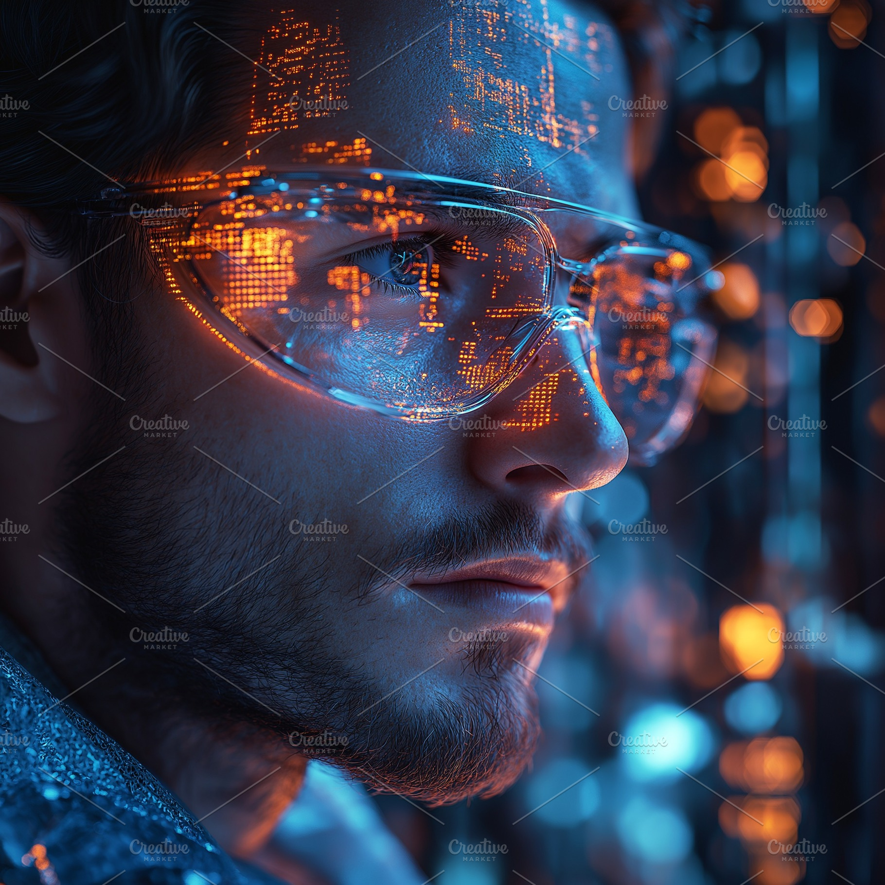 A focused young Caucasian male with futuristic glasses reflecting city lights., a Person Photo by ImageMir