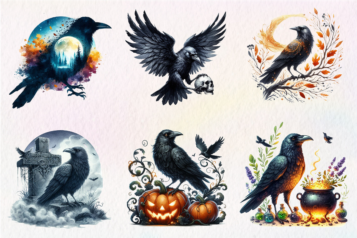 Watercolor Halloween Crow Clipart, an Illustration by CreationArt (Photo 5 of 5)