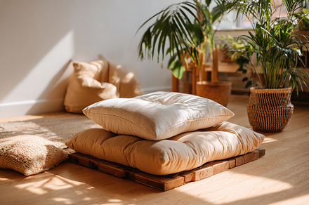 Relaxing yoga retreat space designed for mindfulness and tranquility in a peace, an Abstract Photo by AlyaAnd