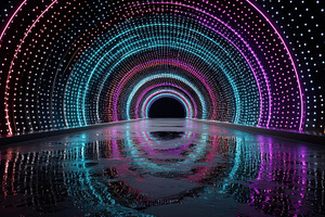 Neon Tunnel Lights Reflecting on Wet, an Abstract Photo by Pixeness Studio