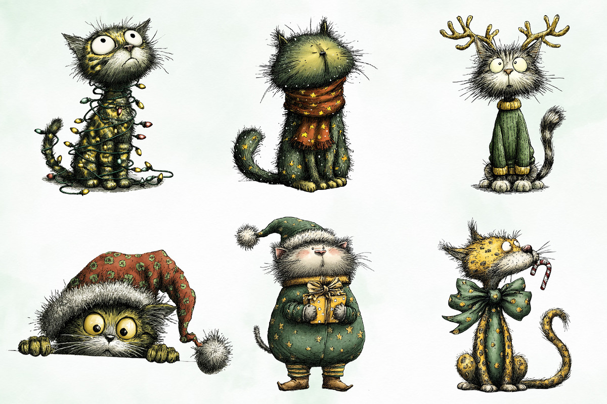 Whimsical Christmas Cats Clipart, an Illustration by Creative Art (Photo 5 of 10)