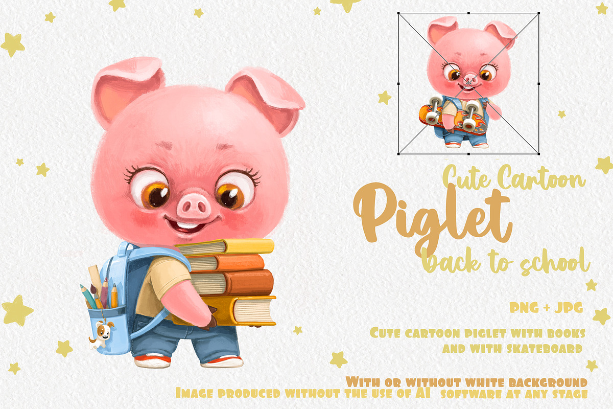 Cute cartoon piglet go to school, an Animal Illustration by Azuzlikus (Photo 1 of 3)