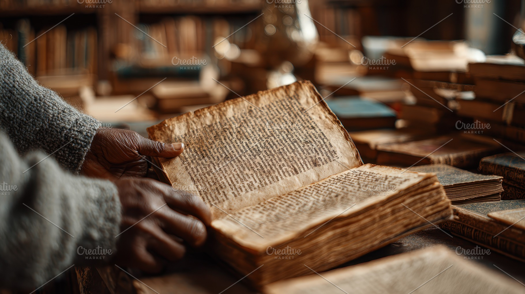 Hands holding ancient book old libra, a Photo by Pixeness Studio