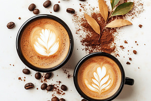 Two Latte Cups Coffee Beans Cocoa Po, a Food & Drink Photo by Pixeness Studio