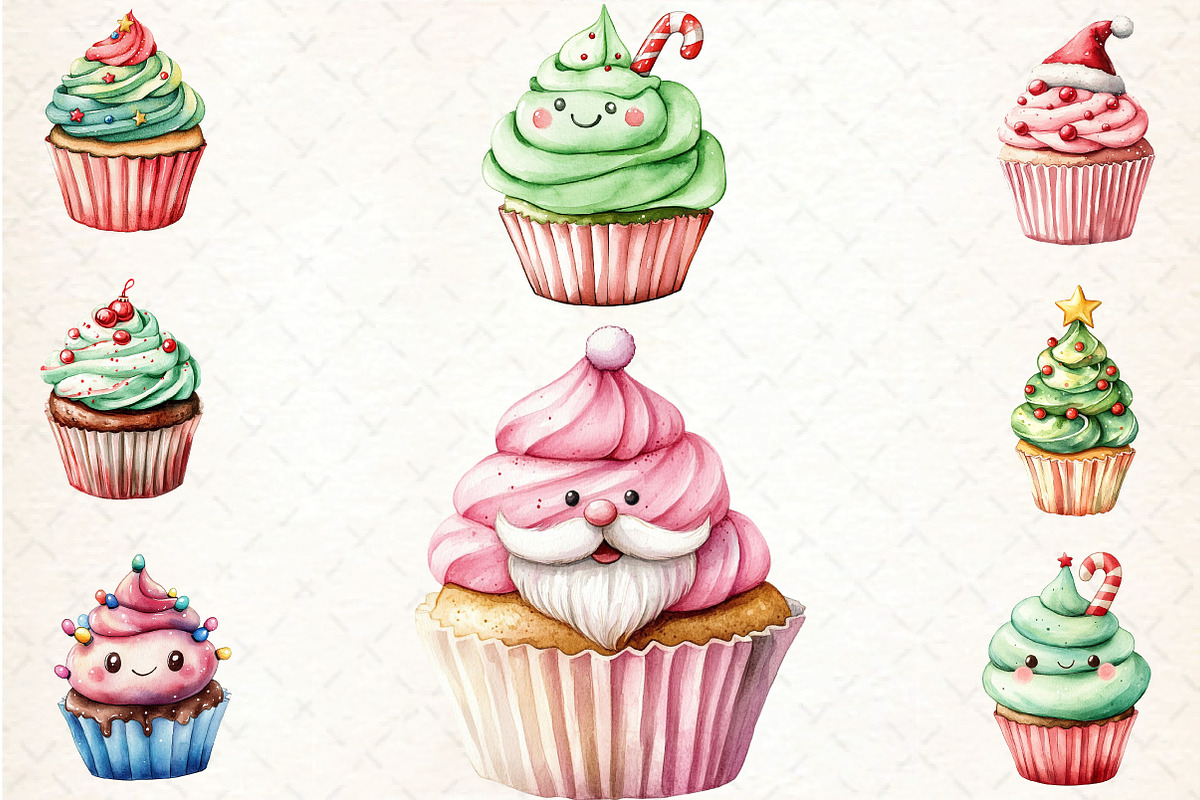 Christmas Kawaii Cupcakes Clipart, an Illustration by DreamCafeArt (Photo 5 of 5)