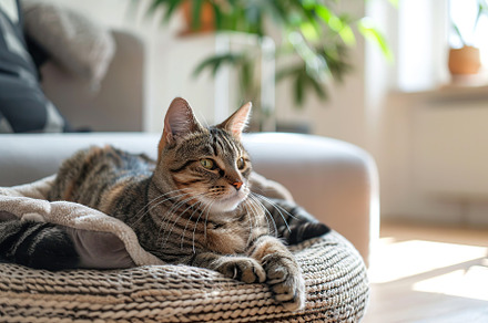 Cute cat lying on soft cat bed in home interior, an Animal Photo by AlyaAnd