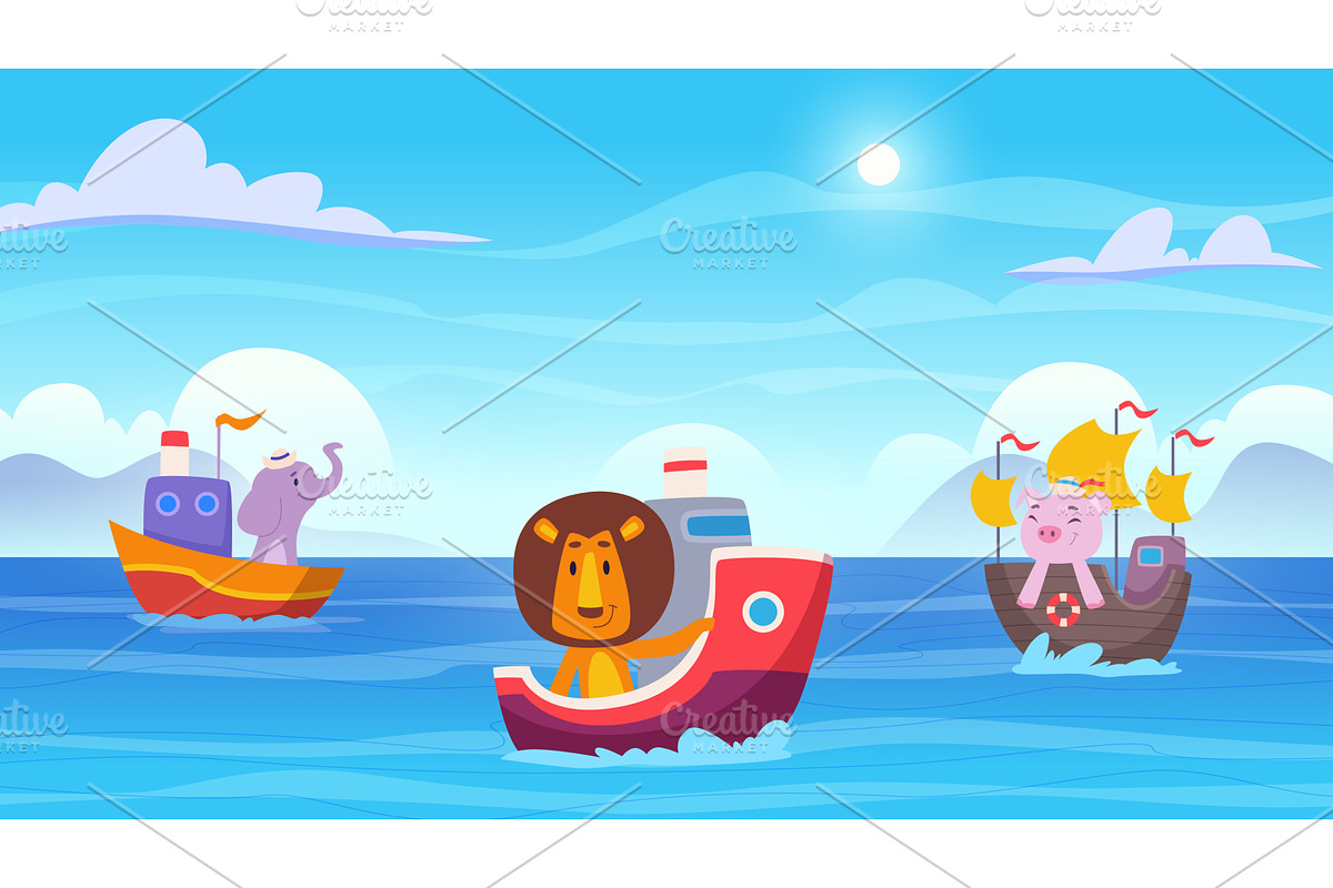 Animal boating. Ocean background, an Animal Illustration by Onyx