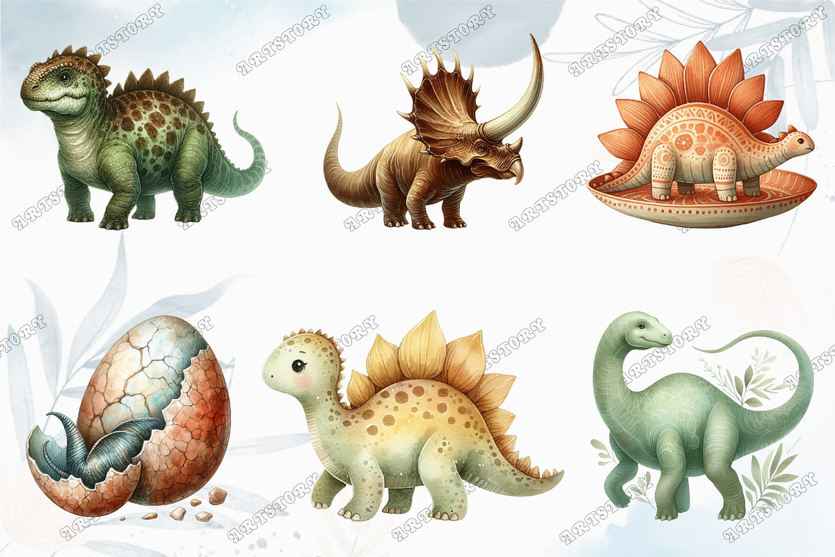 Dinosaurs Watercolor Clipart, an Illustration by designcity5 (Photo 2 of 5)