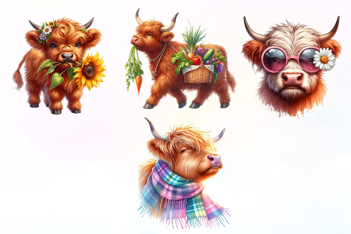 Highland Cow Summer Watercolor, an Illustration by CreationArt (Photo 2 of 9)