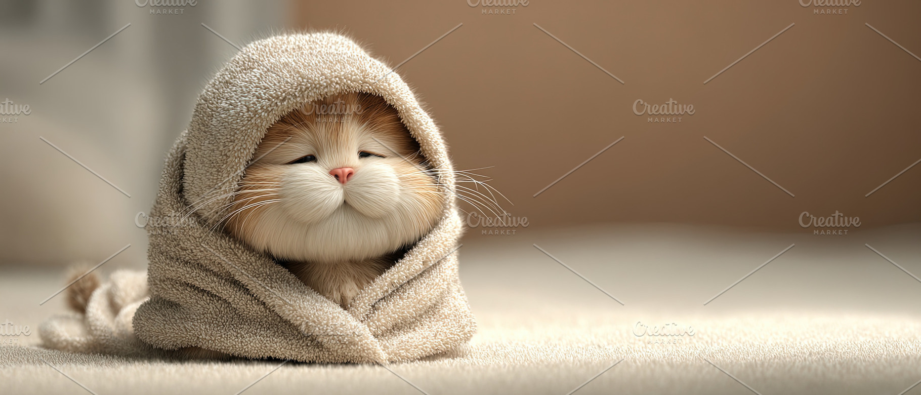 Cute fluffy cat with orange and white fur snuggled in a soft bei, an Animal Photo by Ales Munt