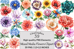 Mixed Media Flowers Clipart, a Seasonal Illustration by CitraGraphics
