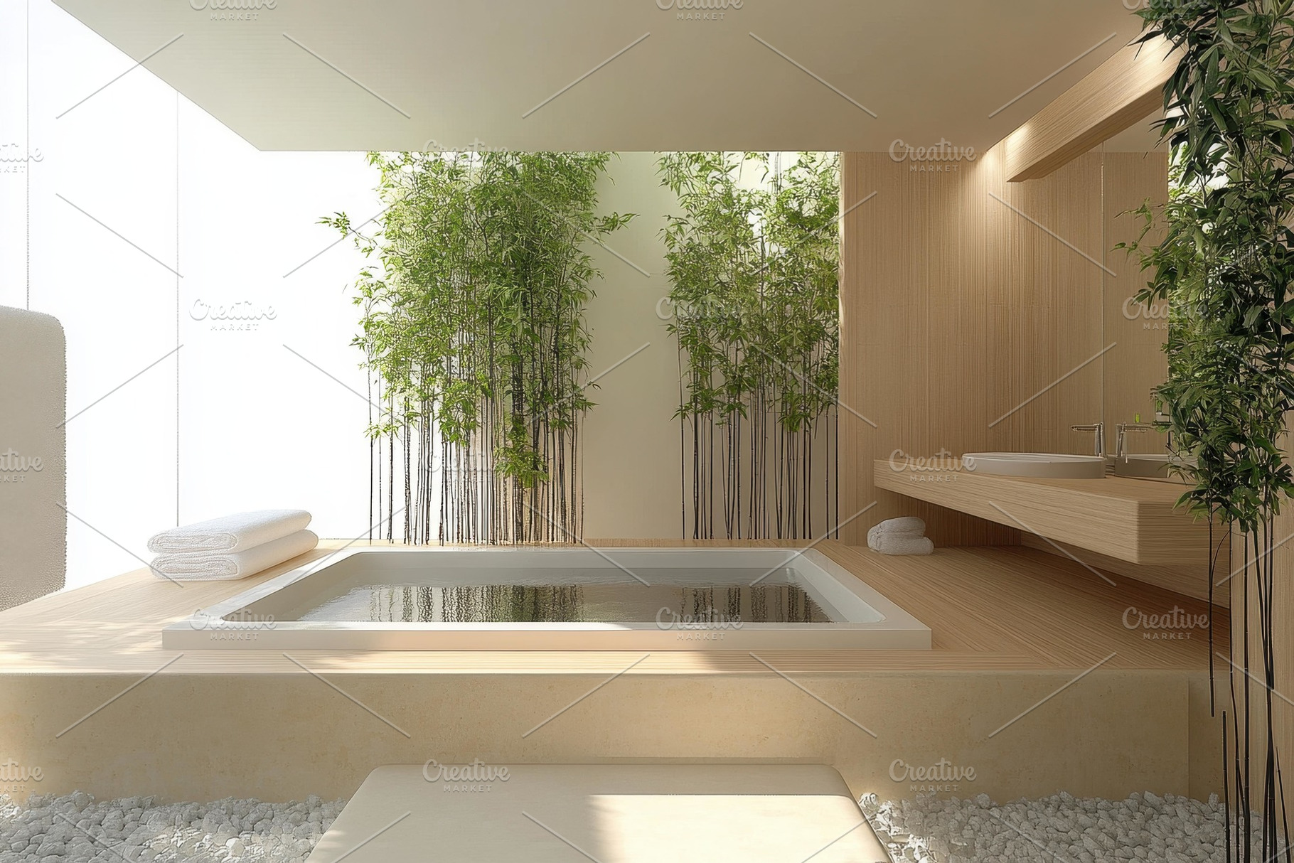 Spa interior with a serene atmospher, a Photo by Tanuart