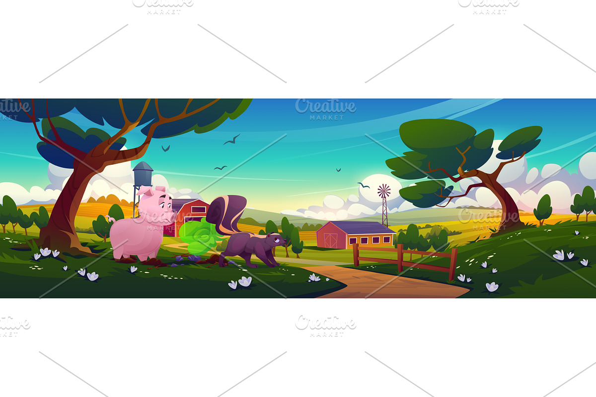 Cartoon pig meets skunk with green, an Animal Illustration by art PVP - market