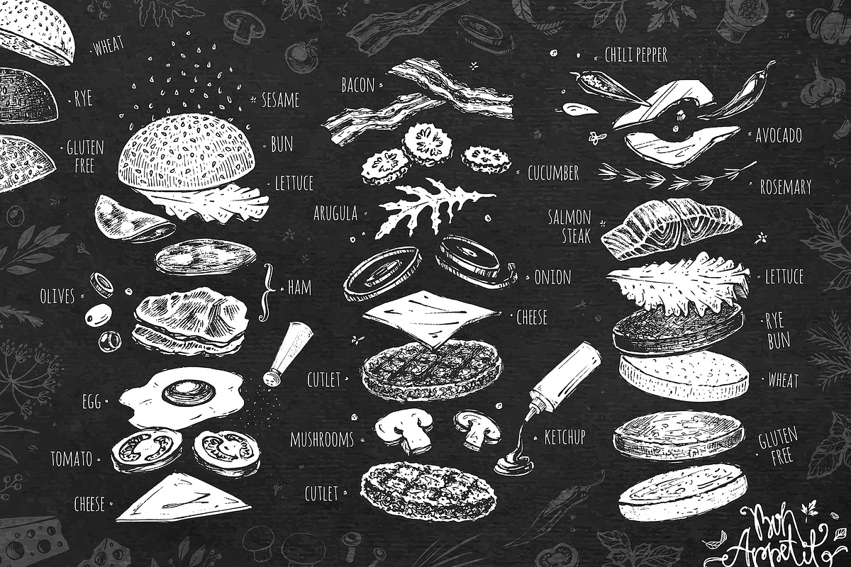 Burger menu. Hand-drawn. Chalk style, a Decorative Illustration by Margo Miller (Photo 2 of 15)